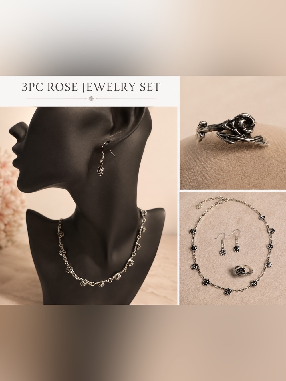 3-Piece Rose Jewelry Set in Silver - Necklace, Earrings & Ring size 4